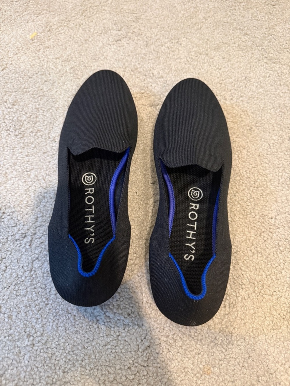Rothy's Black Slip-On Loafers with Blue Trim